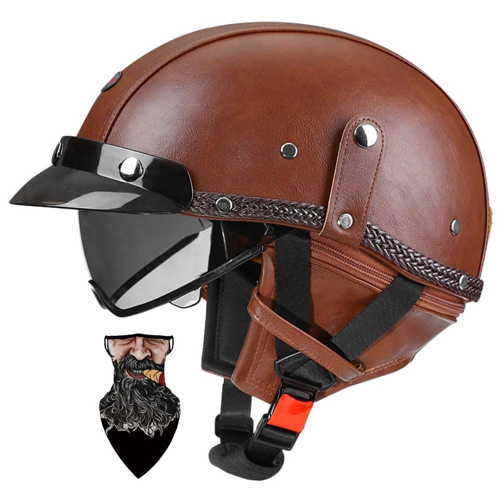 Retro Leder Halbschalenhelm ECE-zertifizierter -Design mit Hochfestem ABS PC-Visier - Abnehmbares Innenfutter, Schnellverschluss, für Chopper/Moped/Roller - HerrenDamen (F, XL59~60CM)