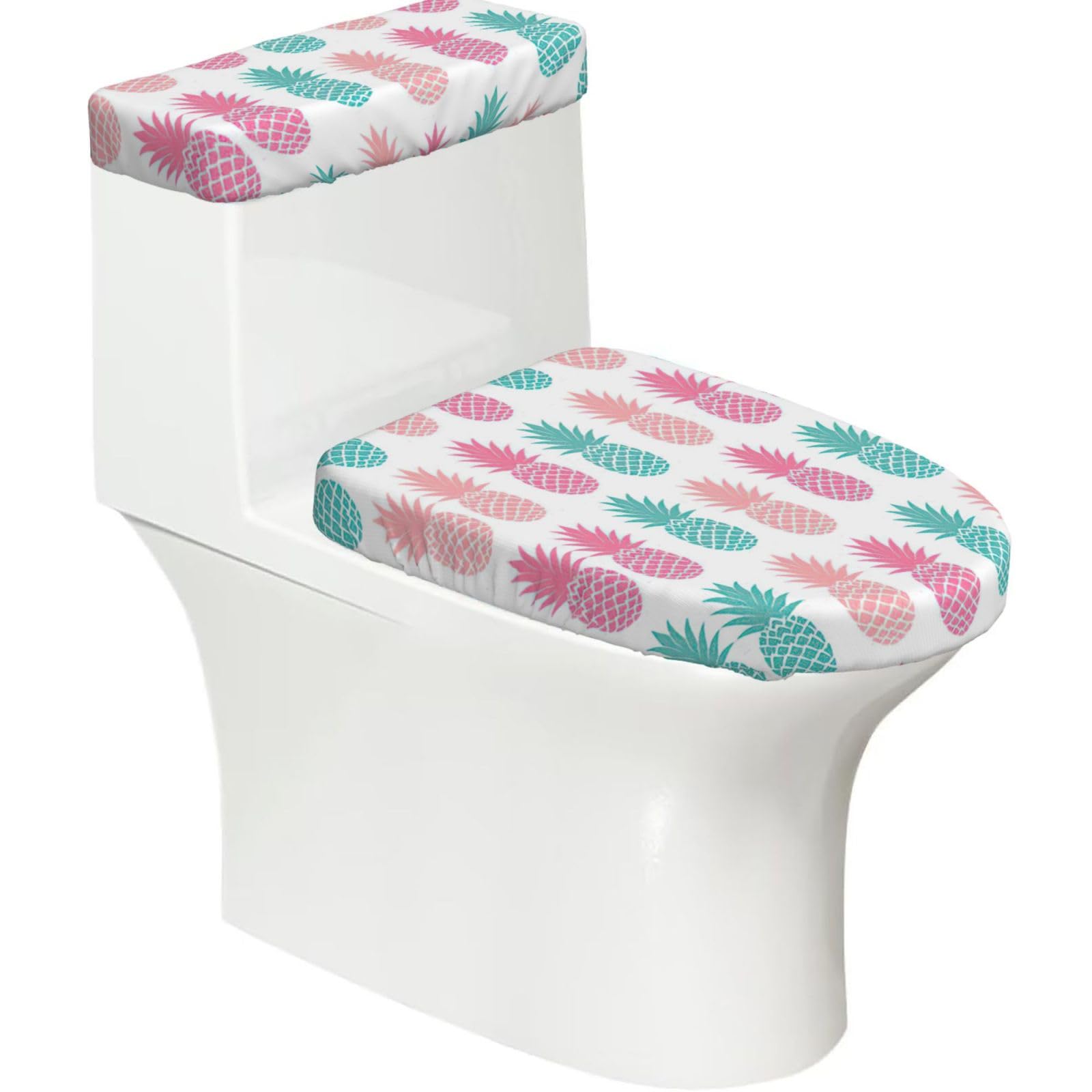 Summer Pineapple Print 2-Piece Stretch Toilet Cover Set, Elastic Breathable Toilet Seat and Tank Lid Protector