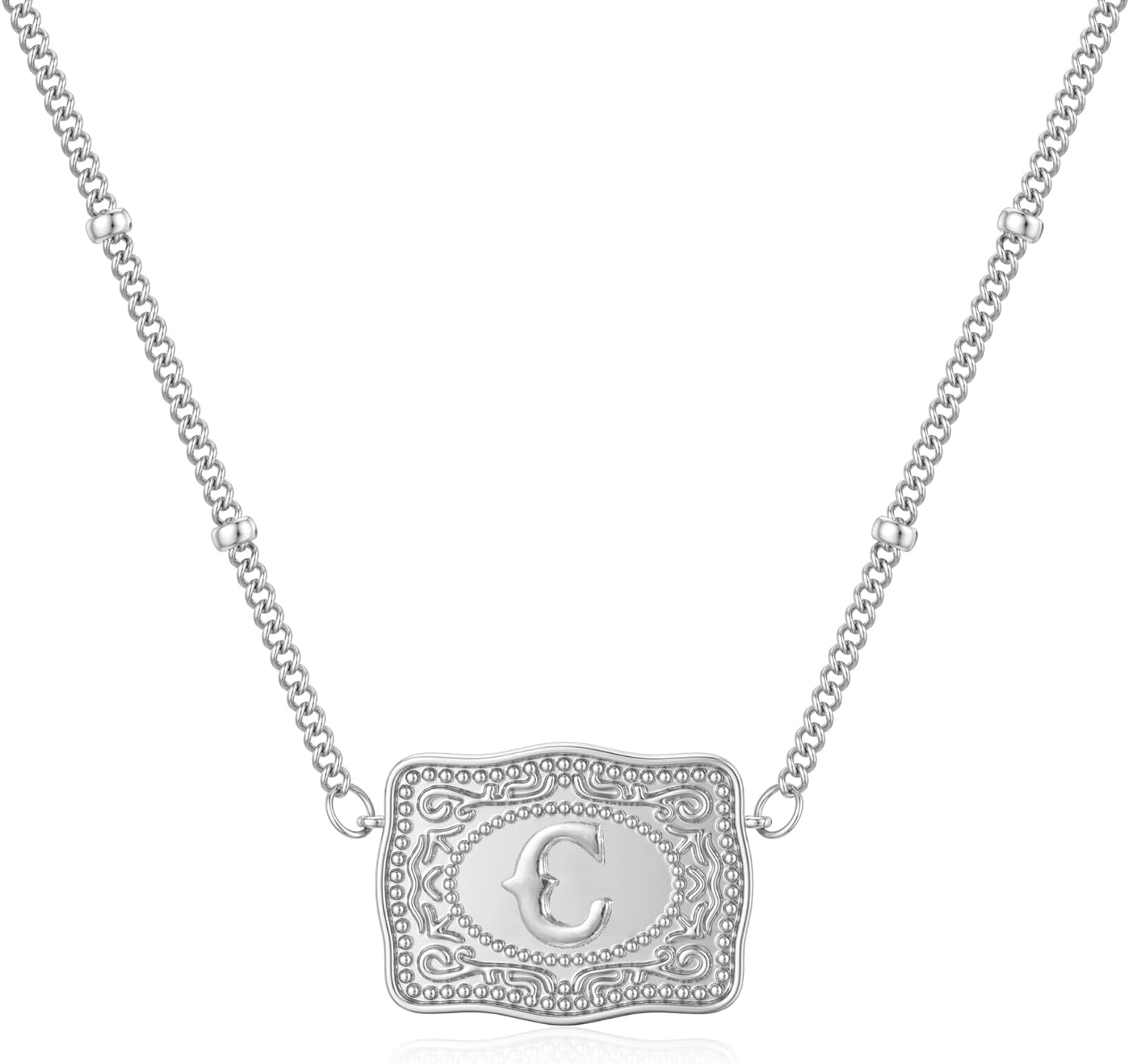 Initial Letter Necklace for Women Embossed Belt Buckle Necklace Sliver Personalized Pendant Necklace Western Jewelry Gift for Women