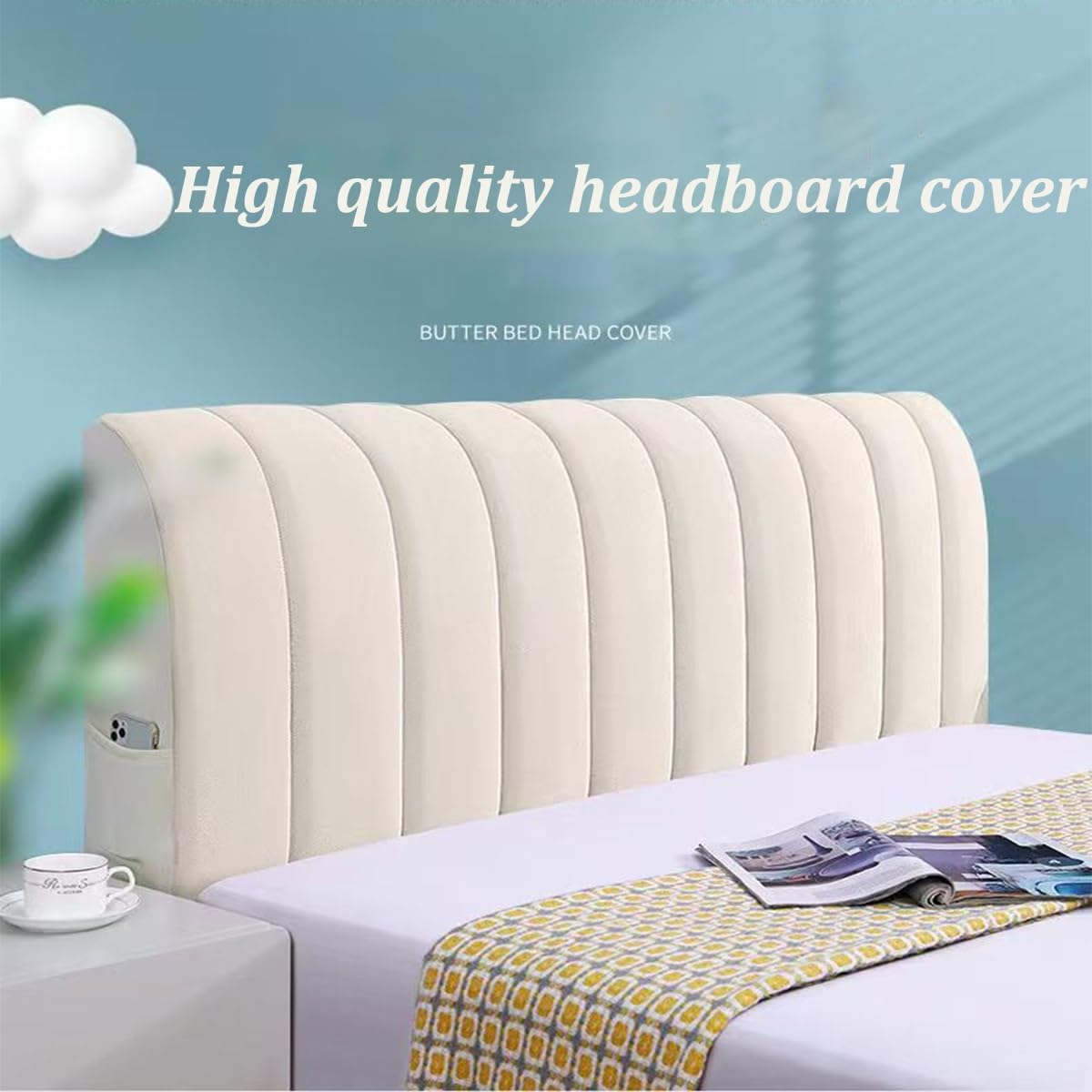 Housse Tête De Lit 120/150/160/200, Couverture De Tête De Lit,Velours Tissu Extensible Matelassé Épaissir,Anti-poussière Lavable Housse De Protection(Beige,200x70cm)
