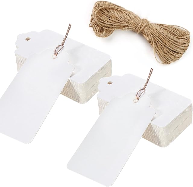 HAKACC Kraft Paper Tags, 100 PCS 10 x 5cm White Gift Tags Craft Hang Tags with Free 100 Root Natural Jute Twine for Gifts Arts and Crafts Wedding Holiday