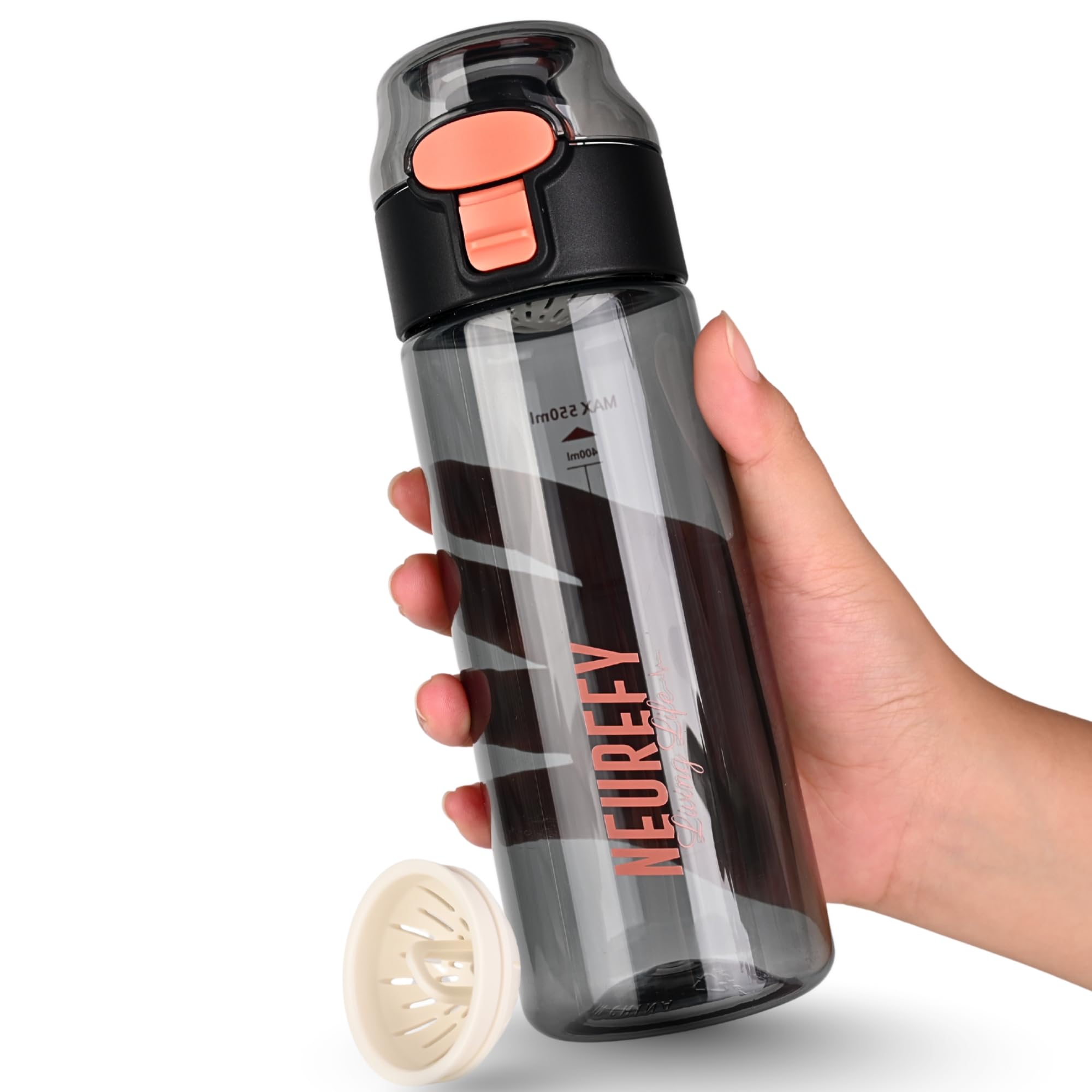 NEUREFY Water Bottle 550mL Black Tritan - Leak-Proof & BPA-Free – Dishwasher Safe Kids bottle with Strainer & Carry Handle - Backpack-Friendly with a Lid lock, Gym Bottle, Cycling, Office or School