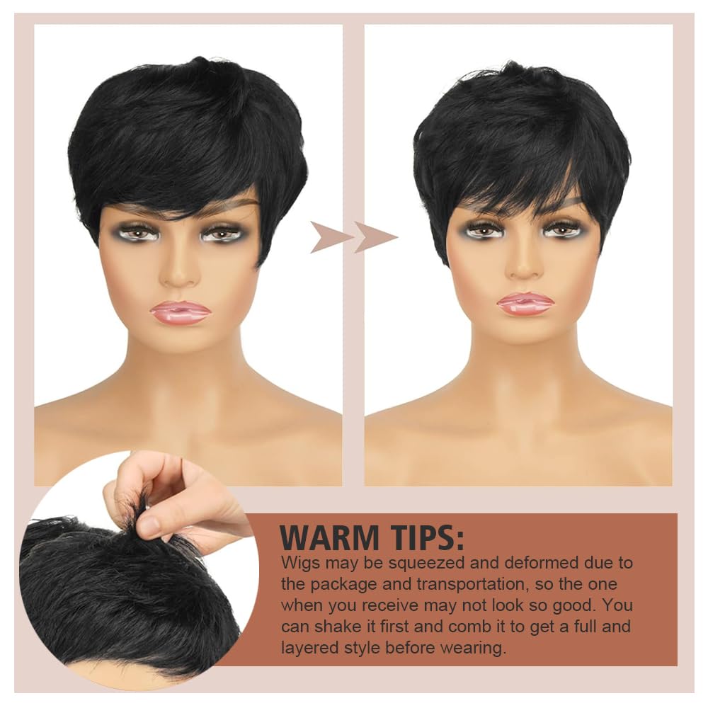 Wig Hair Short Wigs for Black Women Hair Glueless Natural Look Cut Wig Lace Front Wigs with Bangs Straight Short Human Hair Wigs (Black) - Image 2