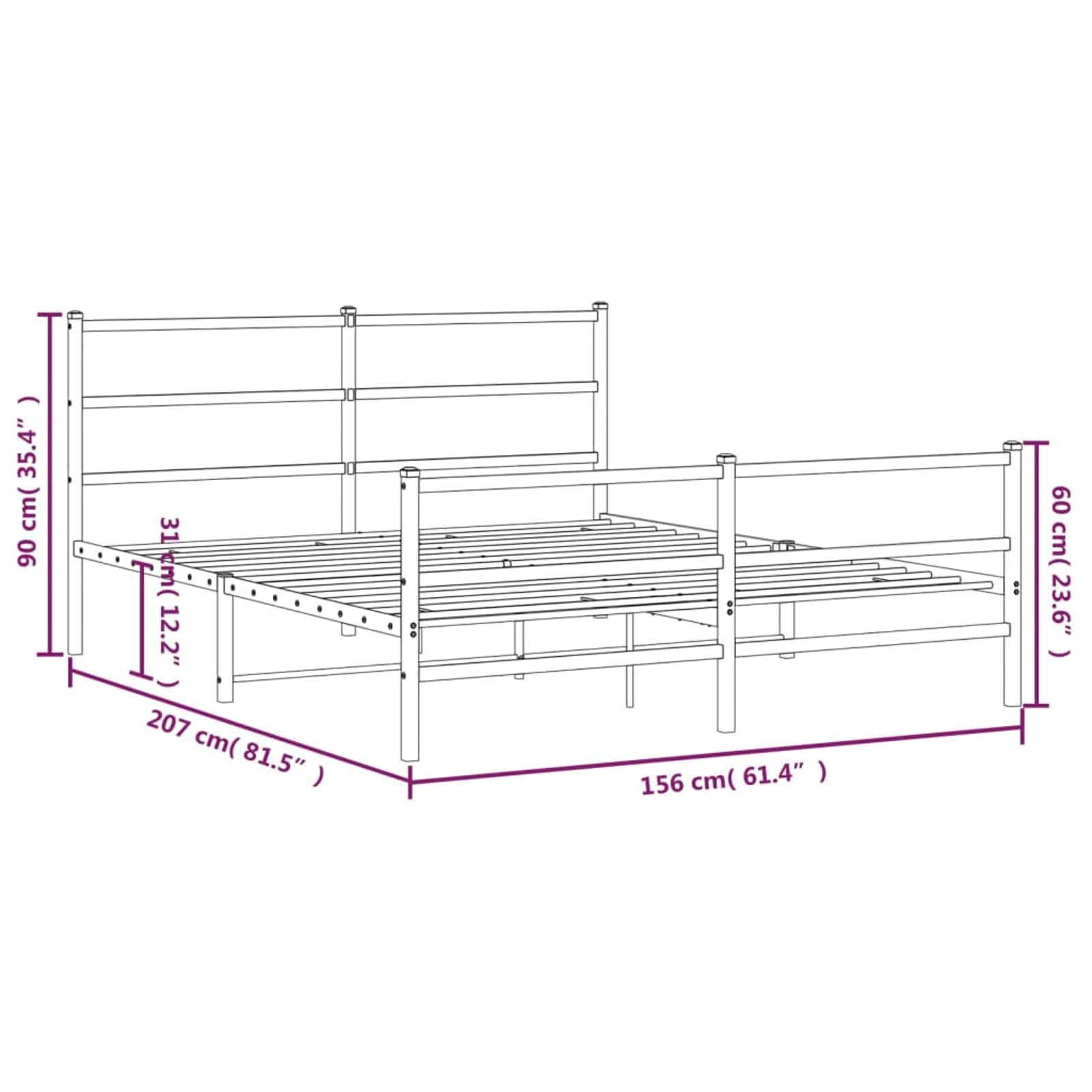 WGYHOME Metalowa rama łóżka, 150 x 200 cm, czarna, malowana proszkowo, z zagłówkiem i podnóżkiem, dla dorosłych, do sypialni