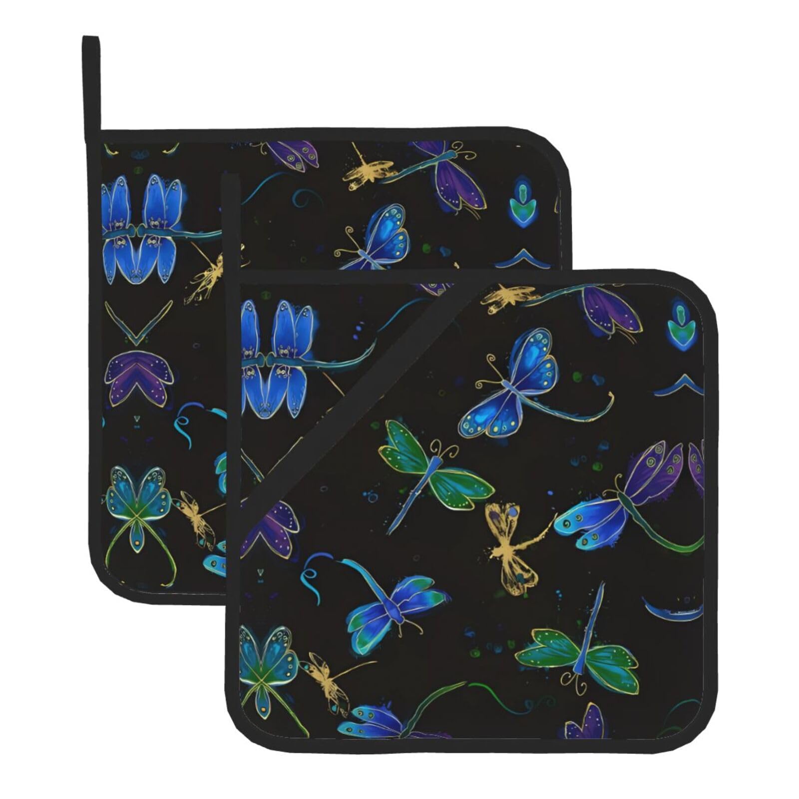 HJFCZH Dragonfly Prints Square Hot Pads for Kitchen - Waterproof Heat Resistant Potholders, Thick Trivet Covers with Hanging Loops, Oven & Grill Dish Protectors (2-Pack)