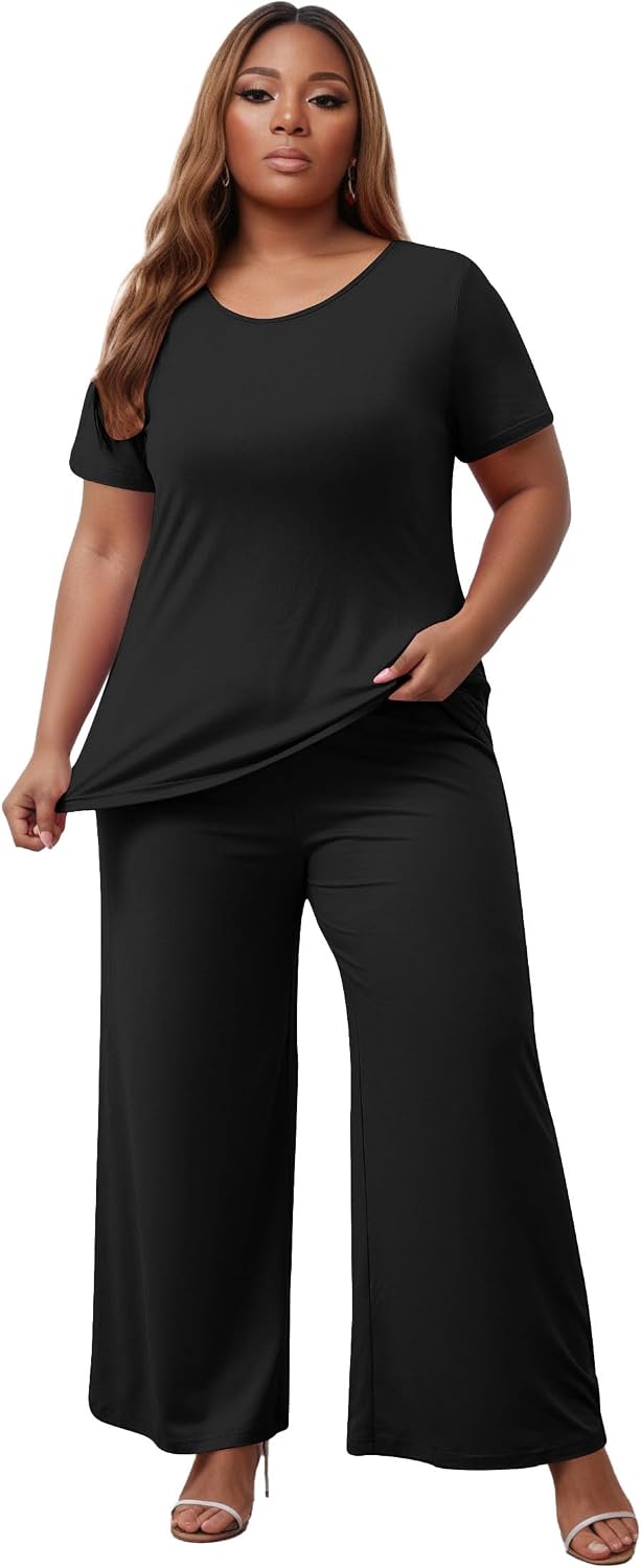 Tycorwd Women's Plus Size Two Piece Outfits Sweatsuits Sets Sexy Backless Short Sleeve Tops Wide Leg Pants Tracksuit Sets