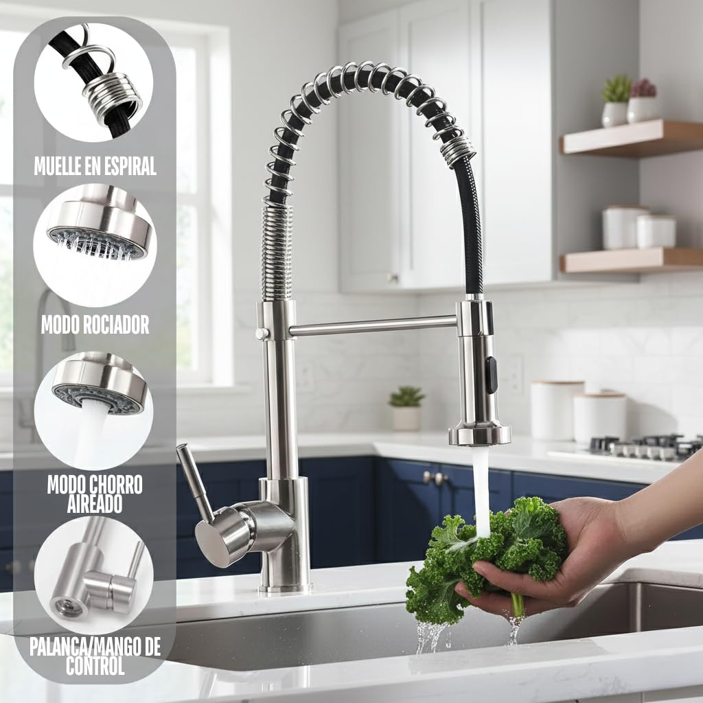 Grifo Cocina Extraible Fregadero de Fácil Instalación | Diseño Cepillado · Flexible de Acero Inoxidable 201 · Monomando con Cartucho Ceramico
