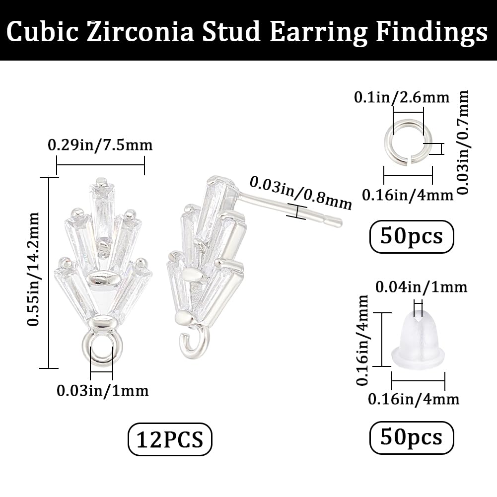 CREATCABIN 6 works Leaf Shape Brass Cubic Zirconia Stud Earring Findings Earring Posts Crystal Blossom Leaf with Loops Open Jump Ring Ear Nut for DIY Earring Jewelry Making Supplies 14.2x7.5 mm Silver - Image 2