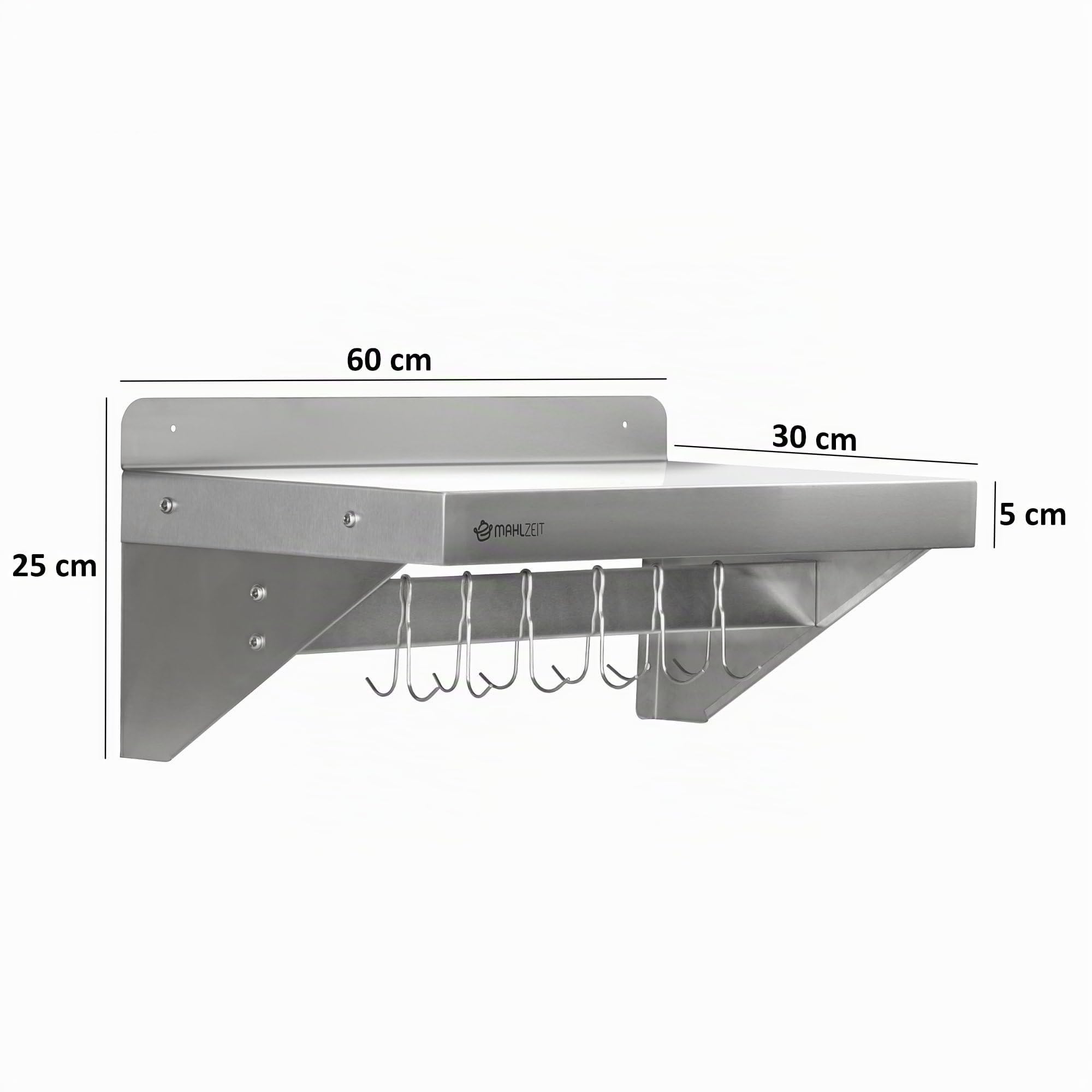 Mahlzeit Estante de Pared de Acero Inoxidable con Barra de Ganchos | 60 x 30 cm | Estante Colgante | Estante Cocina de Acero Inoxidable, Estante Flotante, Estante de Pared | Estantería para Cocina