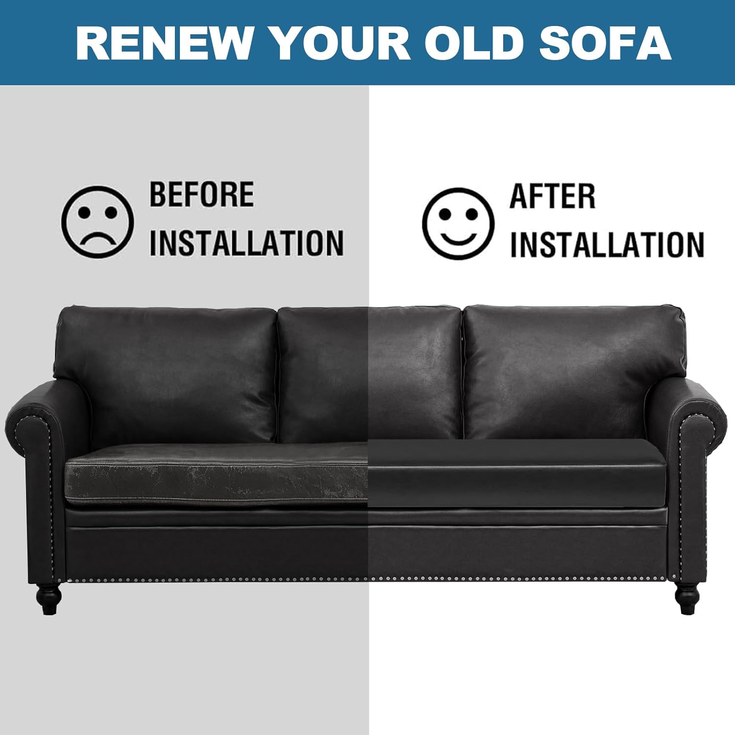 PU Leather Sofa Cushion Covers Waterproof Sofa Seat Slipcover with Elastic Bottom Washable Furniture Protector for Leather Couch, 3 Seater (Sofa Cushion, Black)