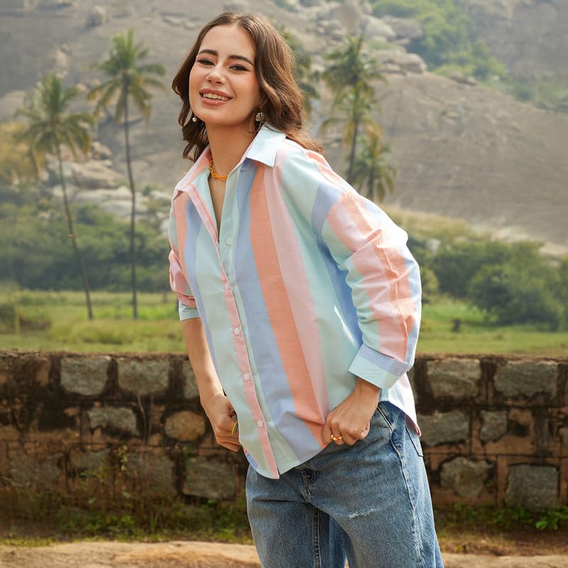 Image of PINACOLADA Women's Solid Oversized Shirt for Casual Wear | Spread Collar | Long Sleeve | Button Closure | Oversized Shirt Crafted with Comfort Fit for Everyday Wear