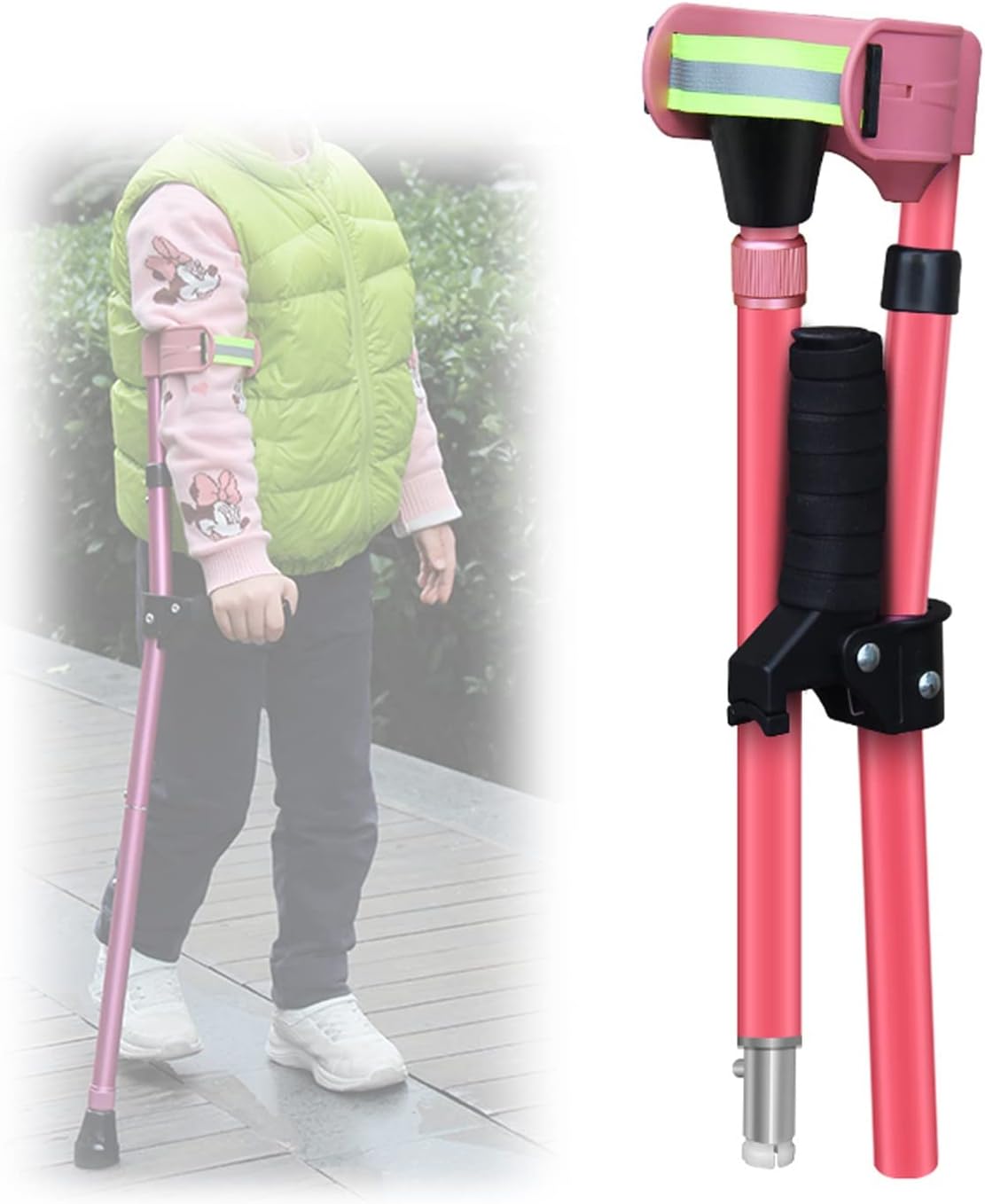 Forearm Crutches for Children, Folding Crutches with Anti-Dorp Cuff, Pink Lightweight Arm Crutches, Applicable Height 110-142cm(3'6''-4'6''), 1 Unit