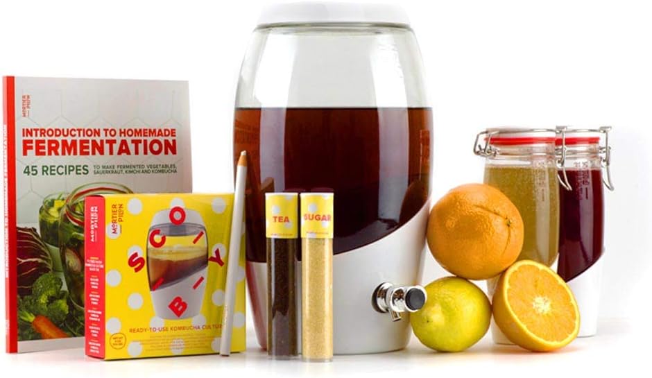 Kombucha Starter Kit with Scoby - 1x Kombucha Jar + 2x Fliptop Bottles For Kombucha + Ingredients + 1x 45 Recipe Book For Homemade Kombucha