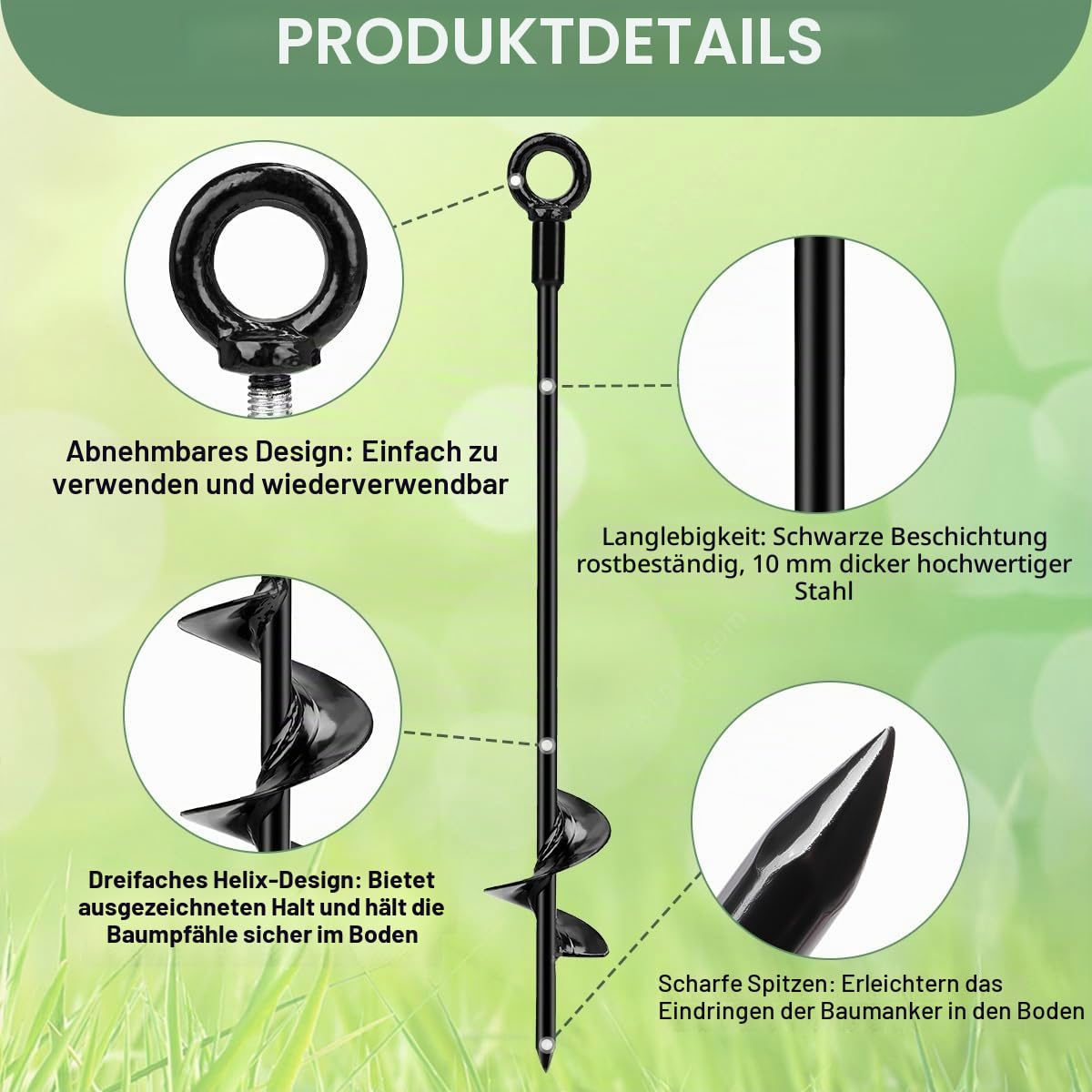Baumstützen Set Schwerlast 3er Pack 45 cm – Spiral-Baumanker/Bodenanker mit Baumgurten, Spannschlössern & 3/16" PVC-Drahtseil, für Junge/schiefe Bäume, Windschutz