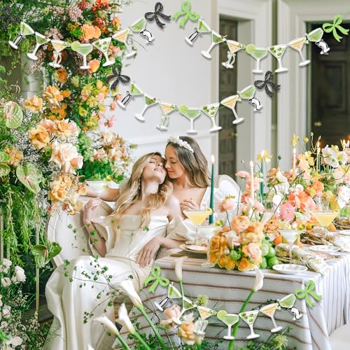 Image of 4Pcs Green Black Martini Bow Party Banner Garland, Pre Strung Martini Glasses Banner, Girls Martini Birthday Decorations, Martini Bachelorette Bridal Shower Tini Bar Party Decor