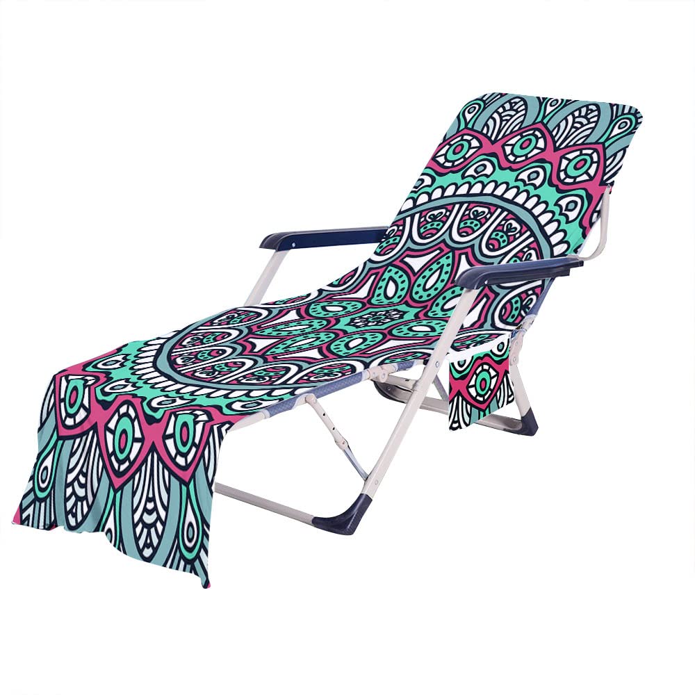 RRrawgff Beach Chair Cover Towel, Colourful Bohemian Exotics Print Beach Towel Lounger Bags with Pockets, Microfiber Sunbed Sun Lounger Towels for Summer Outdoor Garden Pool (73x210cm,F)