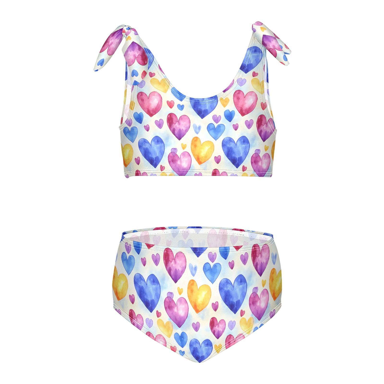 Watercolor Heart Pattern Girls Two Piece Tankini Swimsuits Summer Bathing Suit Beach Swimwear Set, 4T Multicoloured