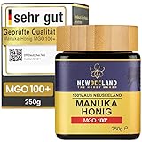 NEWBEELAND Manuka Honig MGO 100+ – 250g – lichtgeschütztes Glas, 100% purer Premium Manuka Honey aus Neuseeland, chargengeprüft mit zertifiziertem Methylglyoxal-Gehalt, ohne Zusatzstoffe