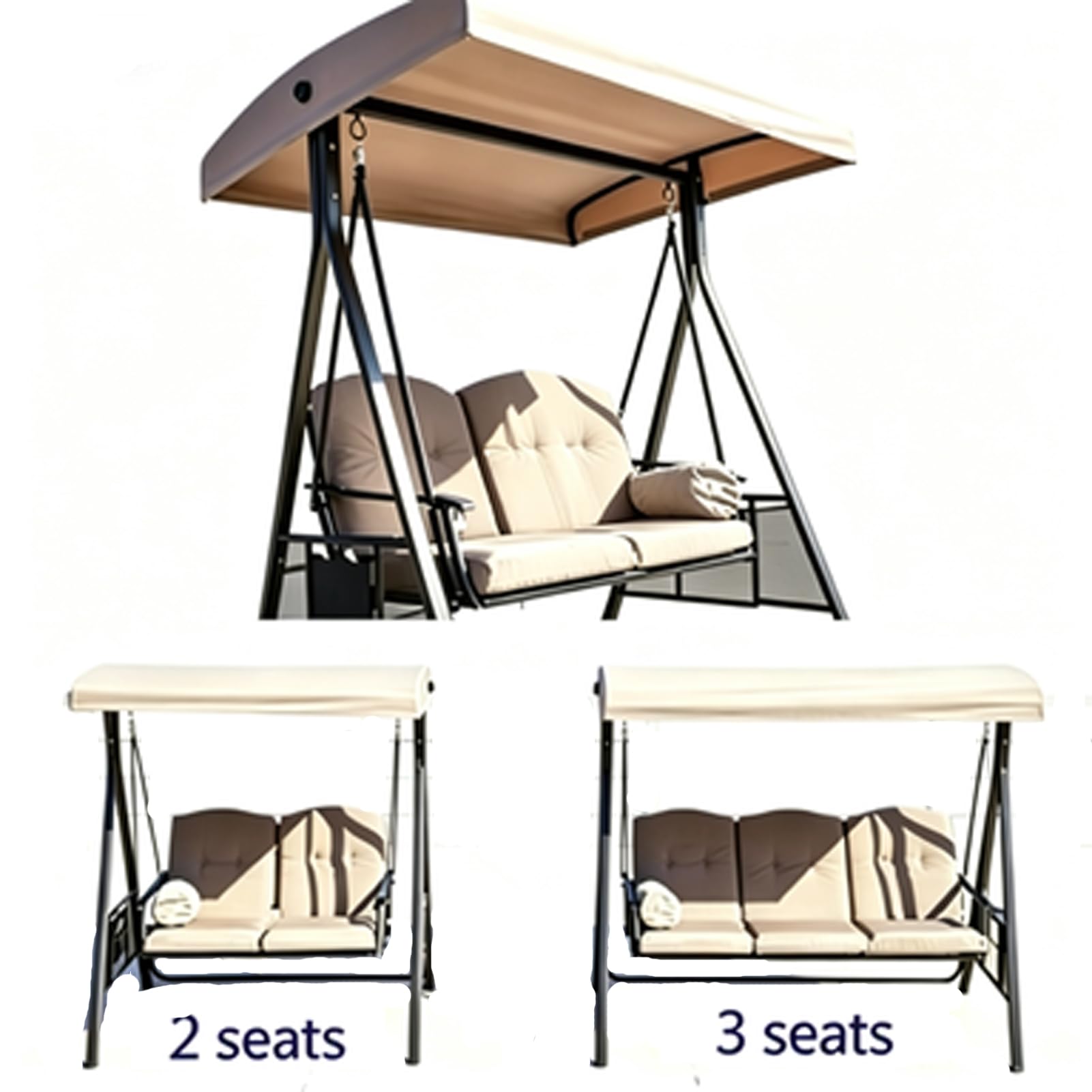 Posti Tettino Parasole Impermeabile,Copertura per Dondolo Giardino,da Giardino Tetto Dondolo Giardinos Antivento,Vari Dimensioniper Altalene 2 3 Posti,Cachi,3 Seater:198 * 125