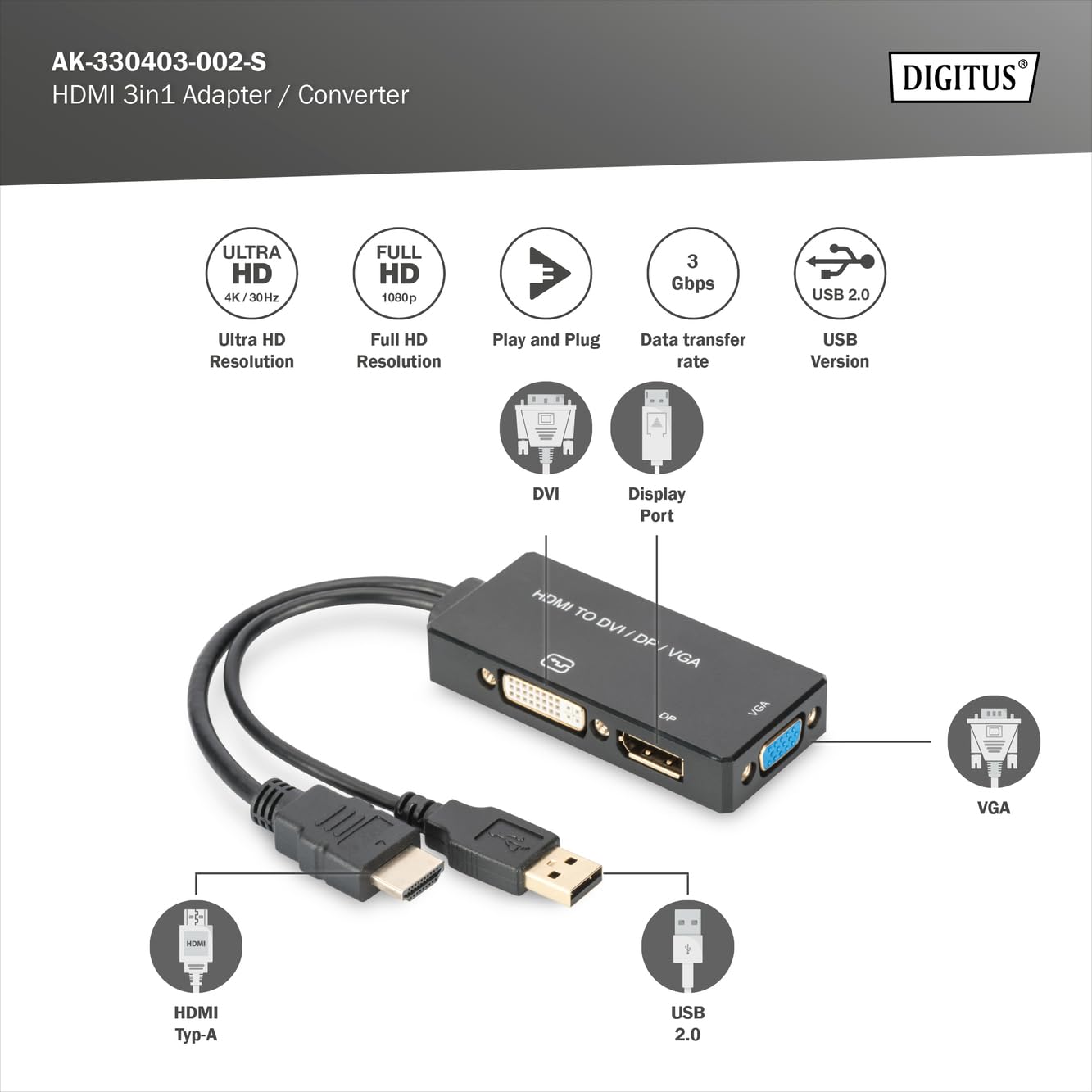 Assmann Videokonverter HDMI DVI DisplayPort VGA Schwarz