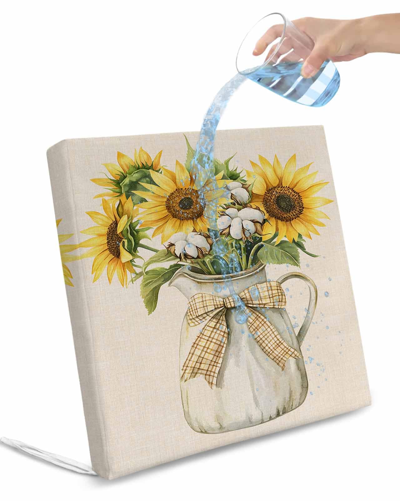 2 Pack Sunflower Waterproof Cushion Covers with Ties, Outdoor Patio Chaise Lounge Chair Seat Cushion Slip Covers Replacement(Only Cover) Farm Plant Vintage Floral Watercolor Beige 22