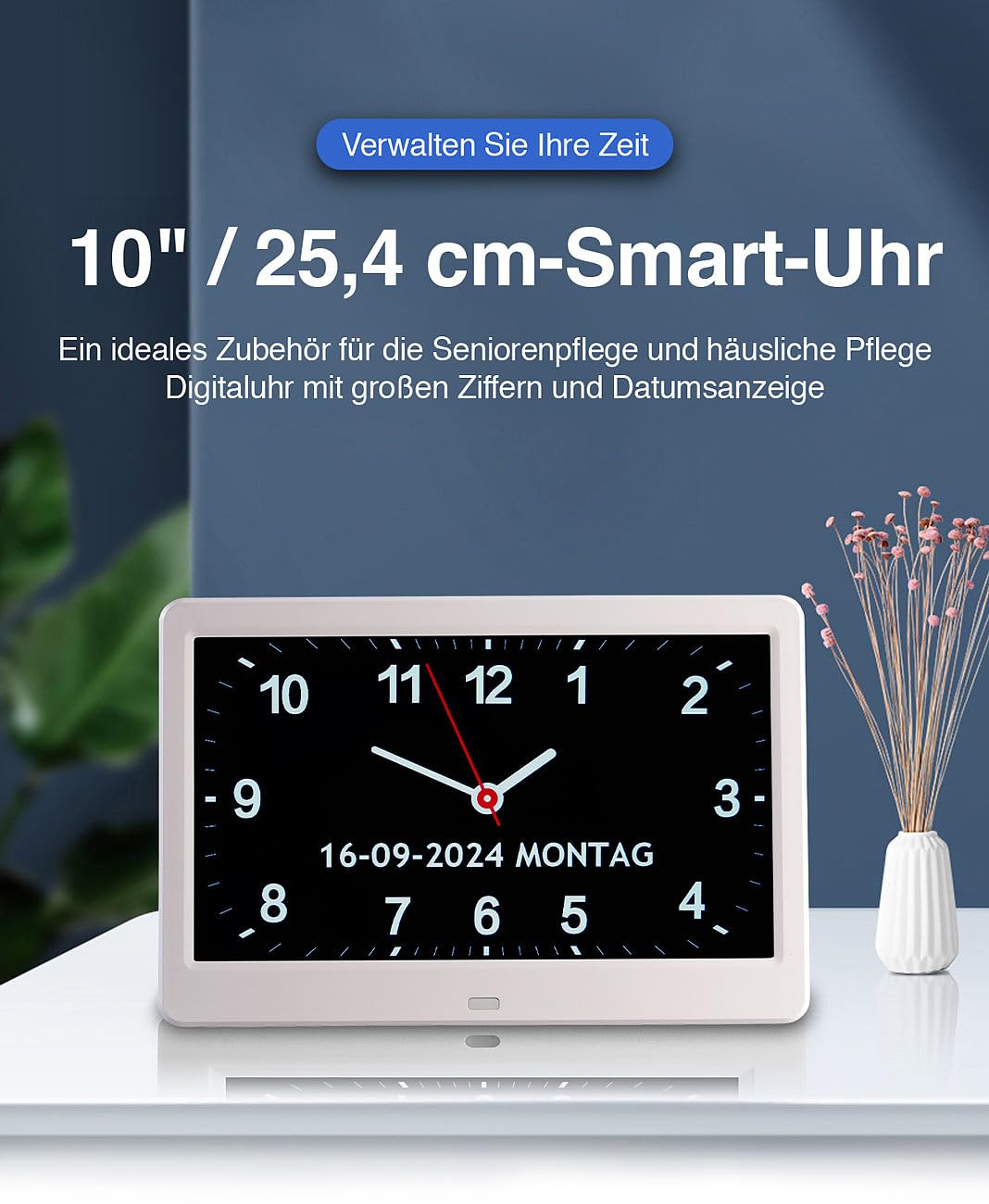 infactory Senioren Uhr: Digital-Uhr mit 10"-Display, Wecker, Medizin-Erinnerung, Mediaplayer (Digitaler Bilderrahmen, Weck mit Kalender, Farbe)