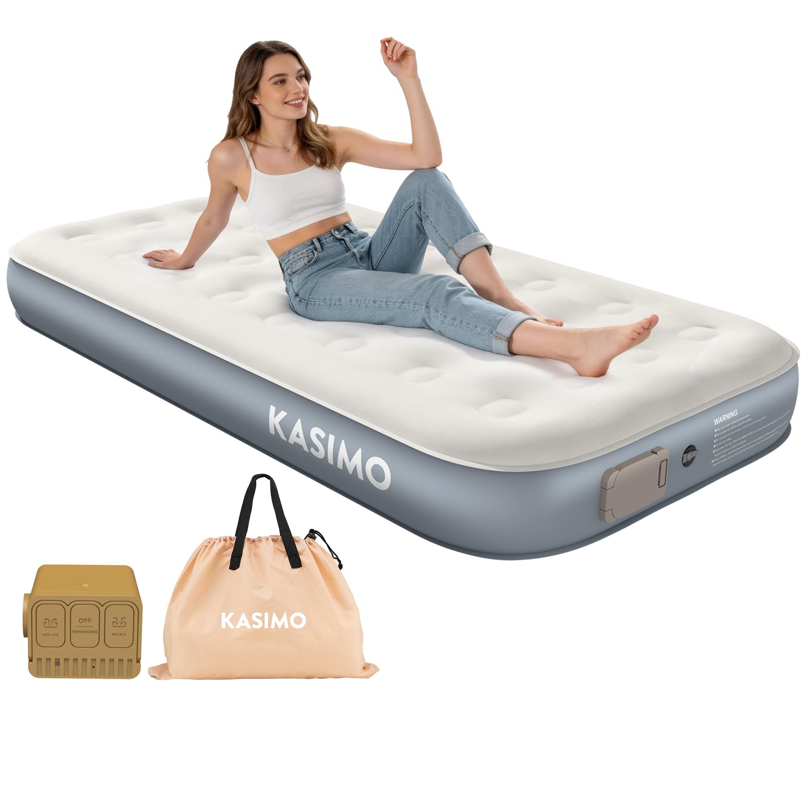 KASIMO Single Inflatable Mattress, Air bed with Built-in Removable Battery Pump, Blow Up Mattress with Suede Surface,Self-Inflation/Deflation in 2 Mins, Guest Airbed for Home Portable Camping