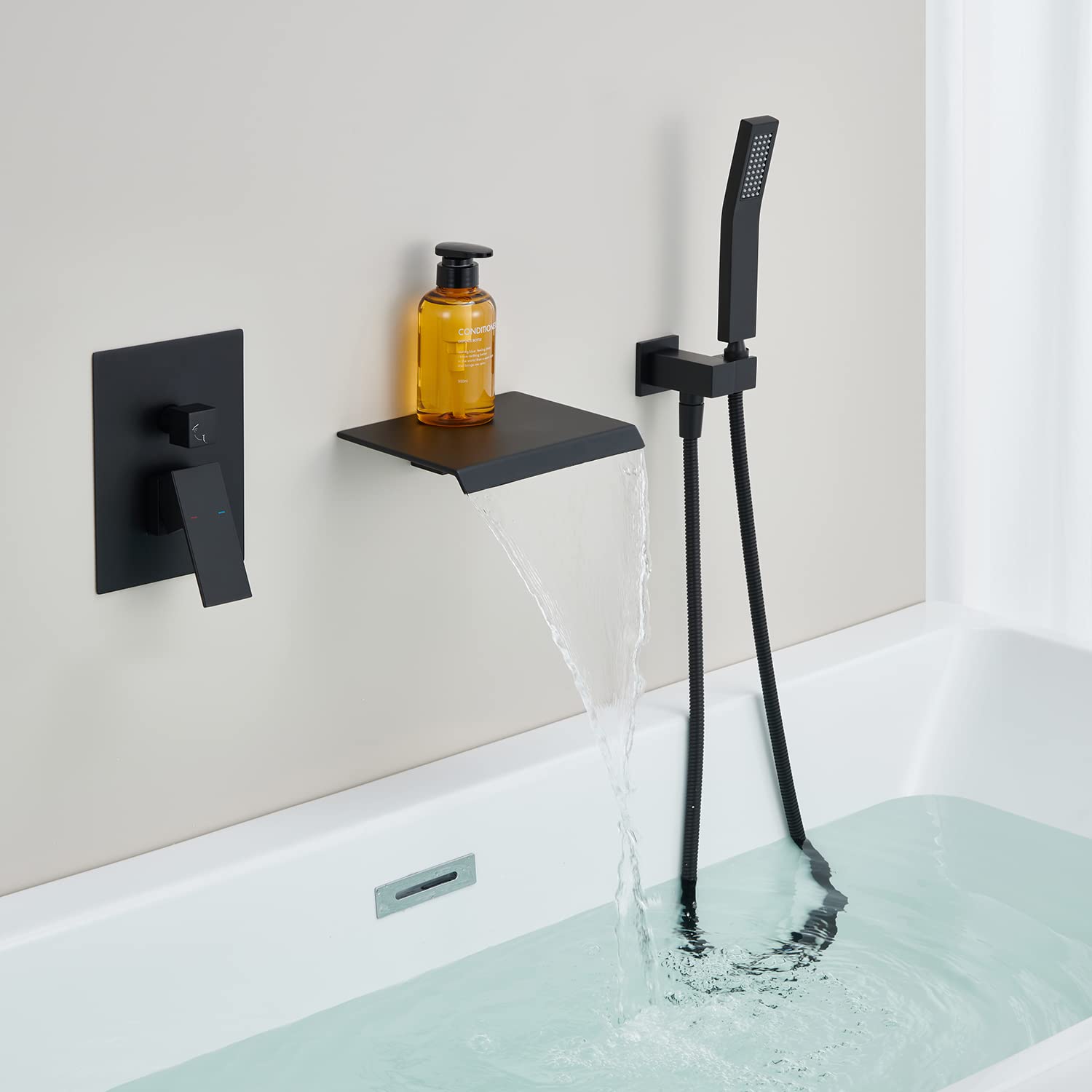 Wowkk Grifo romano bañera pared cascada negro monomando latón ducha mano