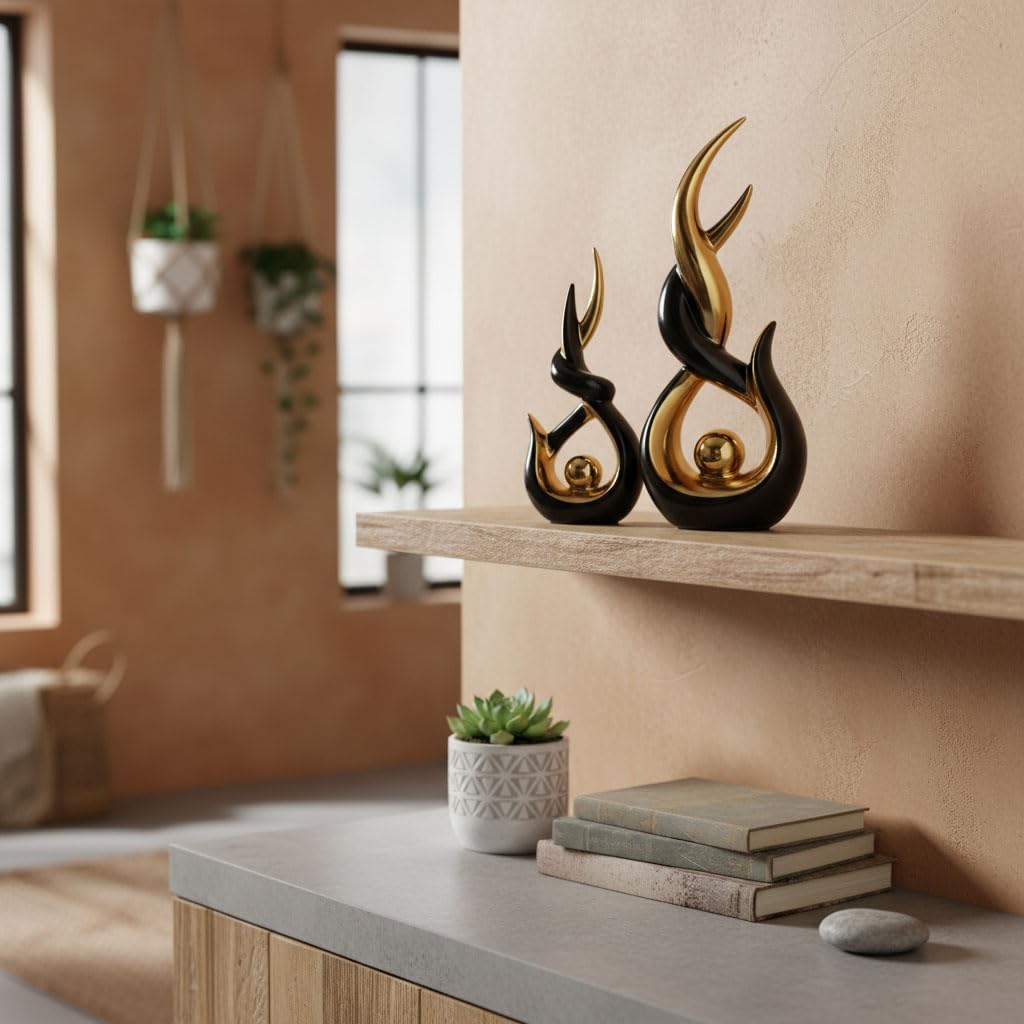 Set di 2 statue astratte in ceramica dorata, stile astratto, stile moderno, arte astratta, decorazione per la casa, mensola da caminetto su mensola unica, divisorio per mobile TV, tavolo e tavolo da