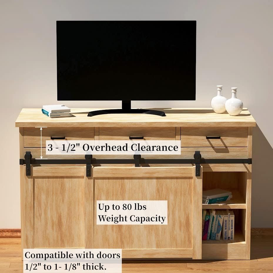 Vista 5 de Kit de herrajes para puerta corrediza de granero de 3.5 pies, mini pista única, soportes de TV pequeños, armarios para colgar puertas dobles