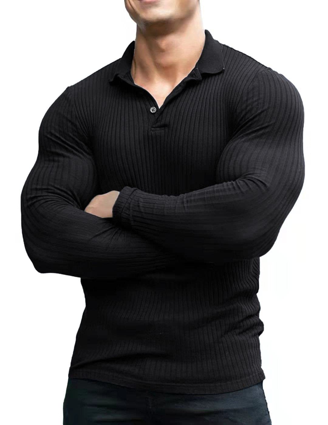 COOFANDY Men's Stretch Muscle Tshirts Long Sleeve Knit Tees Casual Slim Fit Polo Shirts