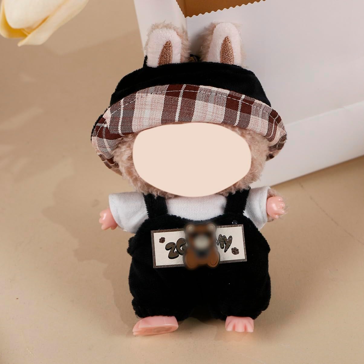 Compatible with Labubu (NO Doll) - Brown - Plaid Hat & Black Overalls Set (Checkered Bucket Hat + Bear - Decor Overalls + White Top), 15cm/17cm Doll Clothing (Brown - Plaid & Black)