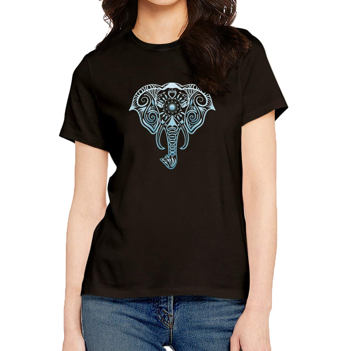 OPLUWomen's Regular Fit Mandala Elephant Design Cotton Graphic Printed Round Neck Half Sleeves Trending, Mandala, Pootlu, Mandala Art Tees and Tshirts.(Pooplu_Black_Medium)
