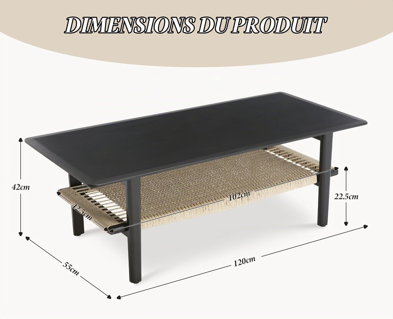 chairus Table Rectangulaire Salon, Table Basse Bois, Corde Tissée, Noir