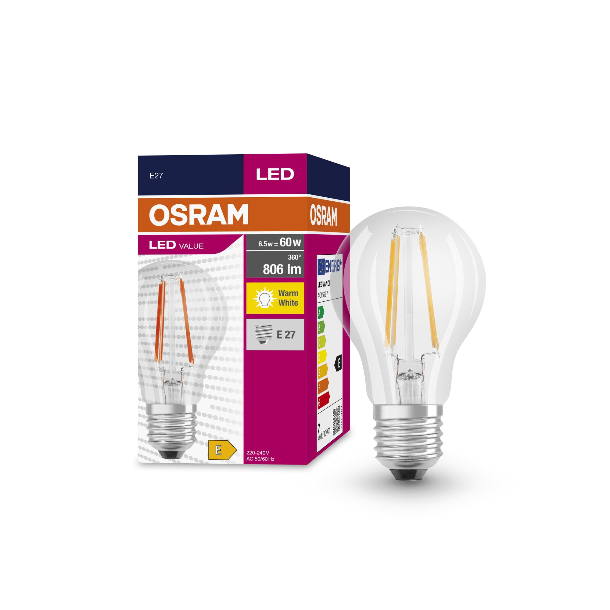OSRAM Led Star Value Classic A60 Led Lamp for E27 Socket, Pear Shape, Fil, 806 Lumens, Warm White (2700K), Replacement for Conventional 60W Light Bulbs, Not Dimmable, 10-Pack