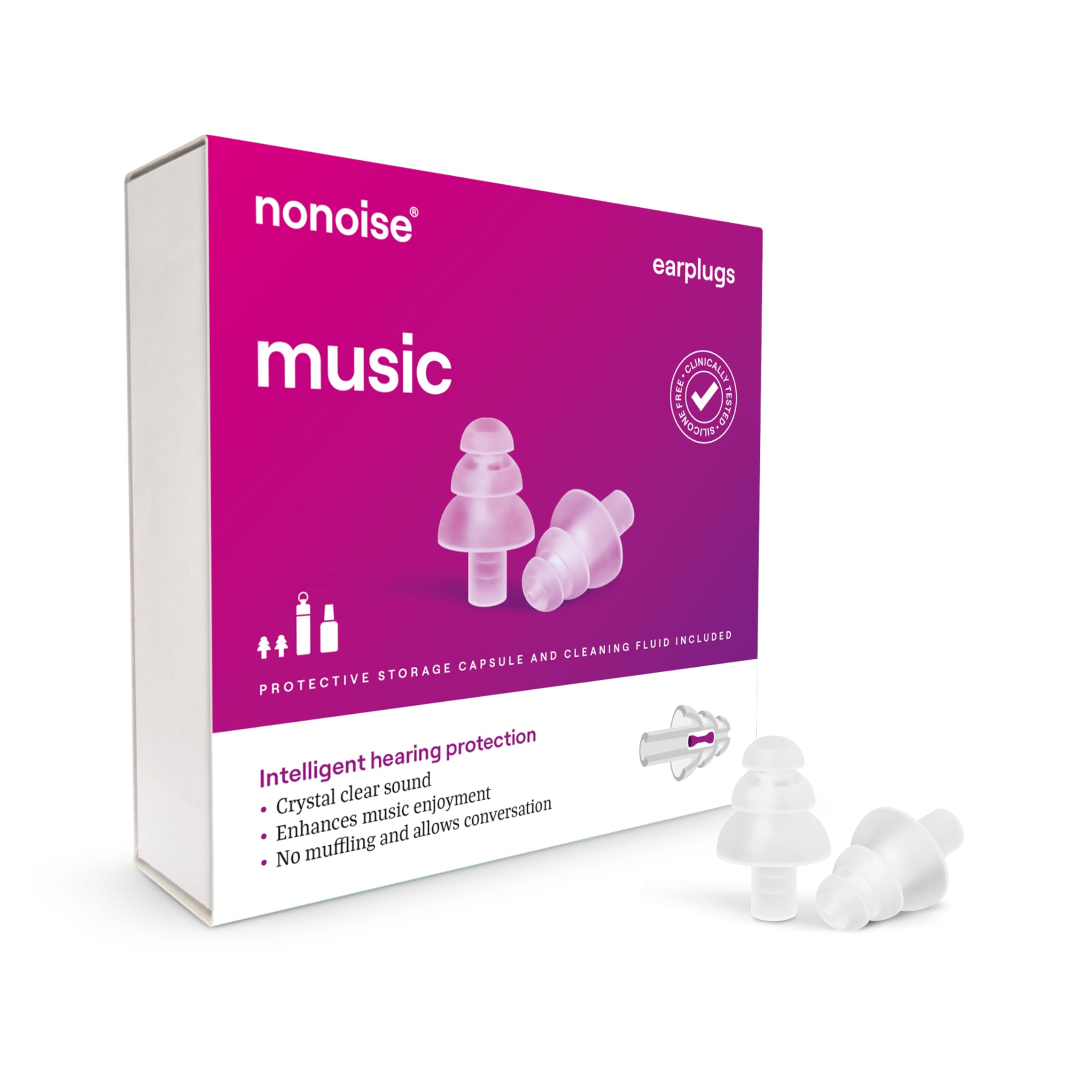 Nonoise Music Earbuds Festival - Festival degli auricolari - Certificati per concerti, festival e musicisti - Previene l'acusticità - Il suono rimane cristallino - SNR (26,9 dB) - 1 paio - Trasparente