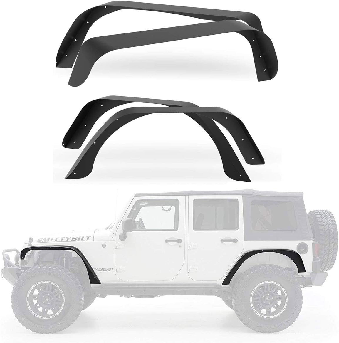 SXMA Black Textured Fender Flare Steel Fender Flares Front and Rear for 2007-2018 Jeep Wrangler JK