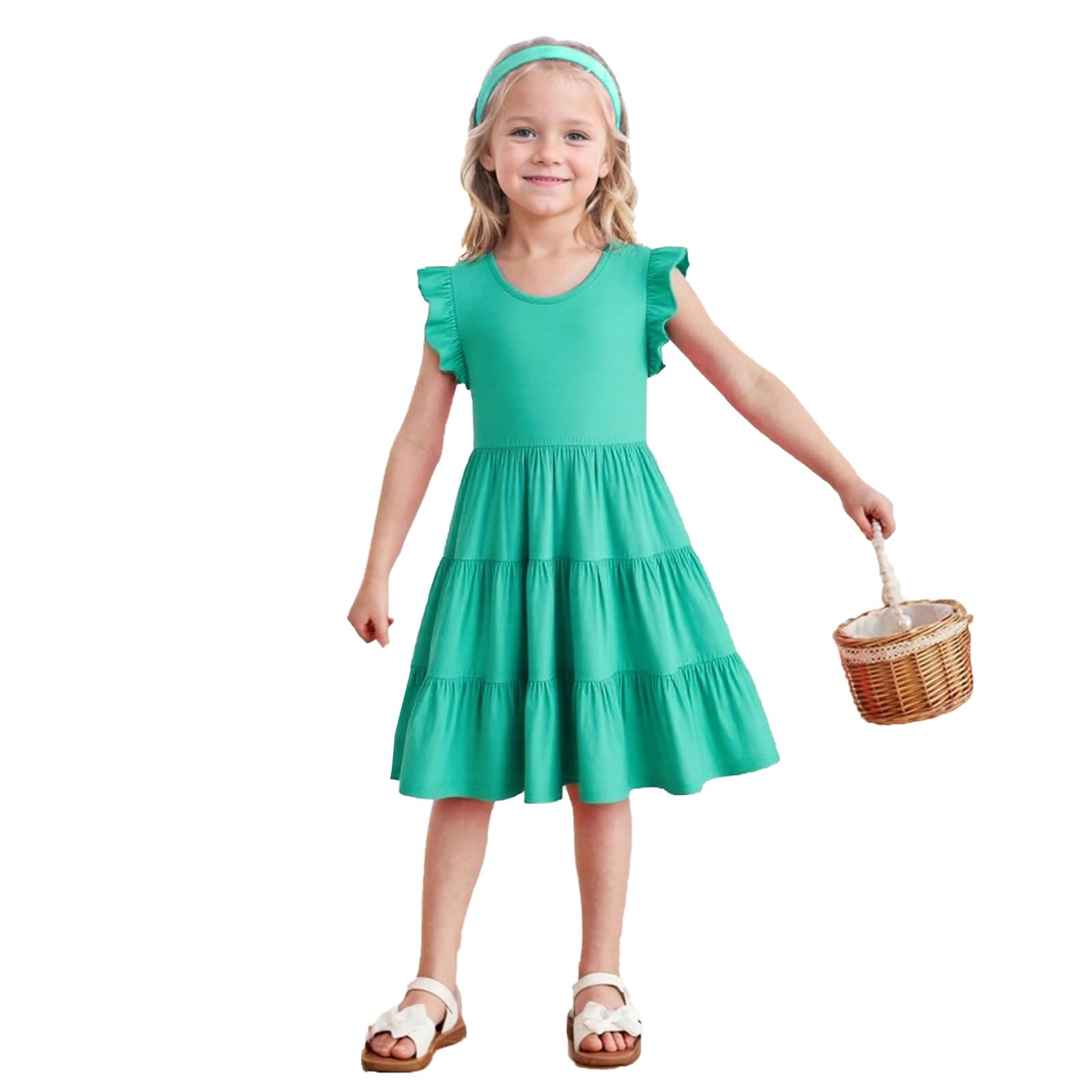 HILEELANG Little Girls Short Sleeve Dresses Easter Summer Cotton Casual Skater Swing Twirly Sundress