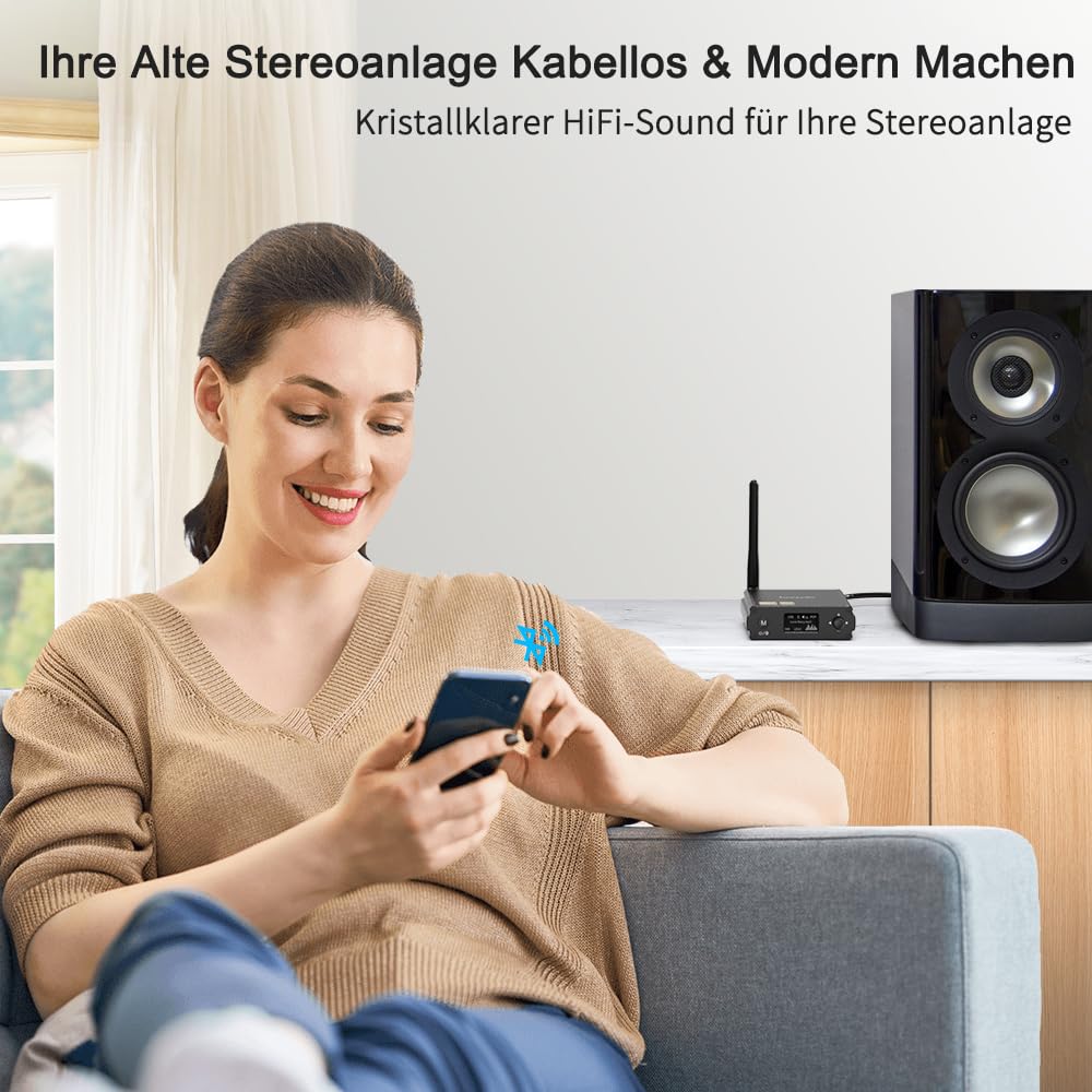1Mii DS220 Bluetooth 5.3 HiFi Receiver mit OLED-Display & EQ-Modus – LDAC & aptX HD/Low Latency, Audio Adapter mit DAC für Stereoanlage, Optischer, RCA & USB-Anschluss