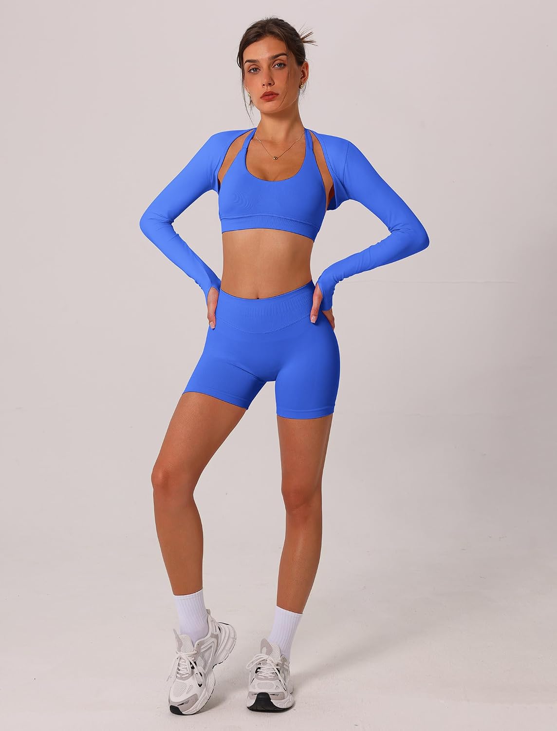 ABOCIW 3 Piece Workout Sets for Women Seamless Halter Sports Bra High Waist Biker Shorts Long Sleeve Bolero with Thumb Hole