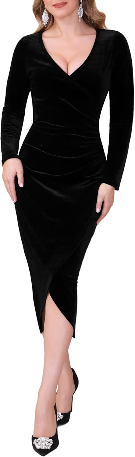 Melynnco Women's Velvet Dress Long Sleeve Wrap V-Neck Elegant Cocktail Party Fall Midi Dress for Wedding Guest