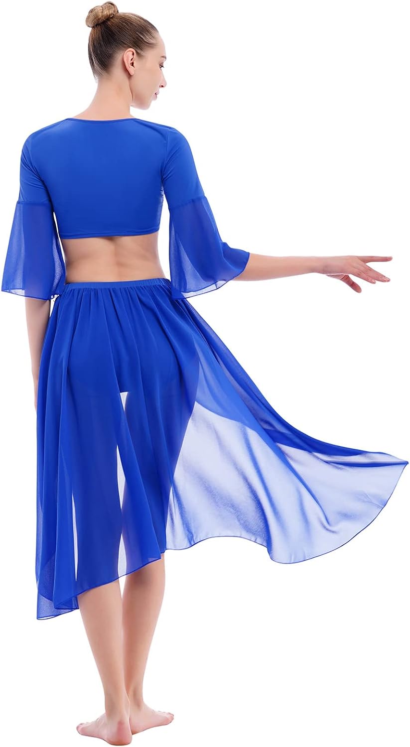 ODASDO Women Lyrical Dance Costume Flare Sleeve Crop Top Chiffon Flowy Skirted Leotard Two Piece Outfit