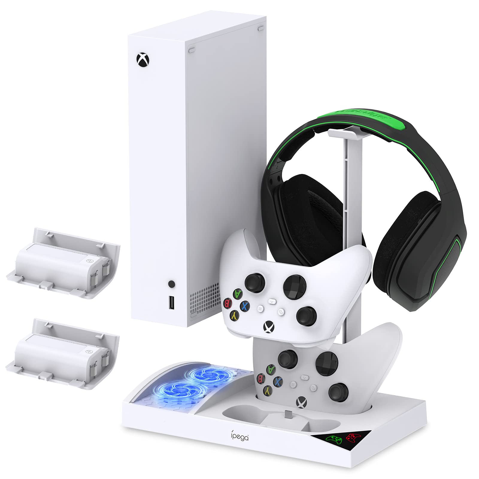 YUANHOT Cooling Fan Stand for Xbox Series S with 1400mAh Rechargeable Battery Pack, Vertical Charging Station Dock Accessories with Controller Charger Ports, Headset Holder & Cooler System - White
