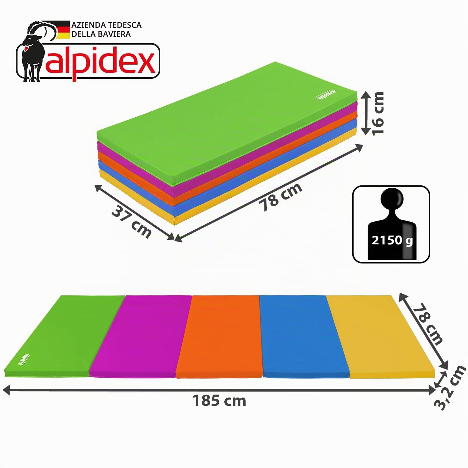 ALPIDEX Tappetino da ginnastica 185 x 78 x 3,2 cm pieghevole pavimento sportivo ginnastica palestra materassino fitness tappeto sport yoga mat gym bambini adulti