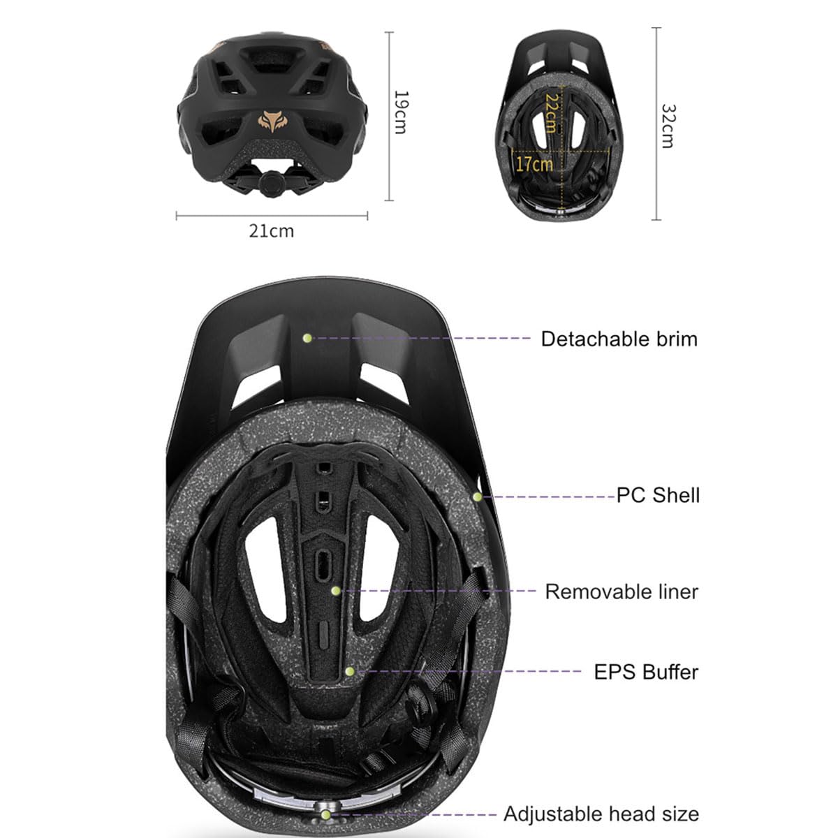 Casque de vélo Taille réglable 56-62cm Hommes Femmes Adultes VTT avec visière Amovible