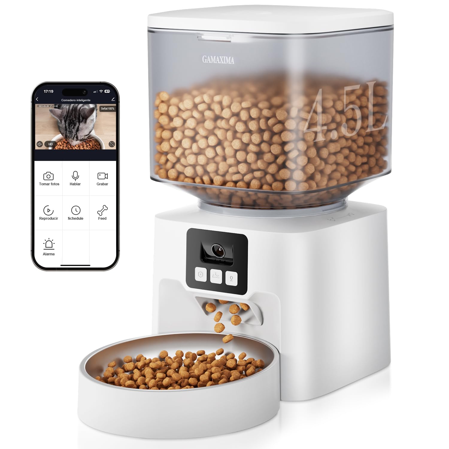 GAMAXIMA Comedero Automático para Gato y Perro - 4.5L Inteligente Dispensador de Comida para Mascotas, Cronometrado y Cuantificación, App Remoto Control, Alimentador Automático con Función de Voz