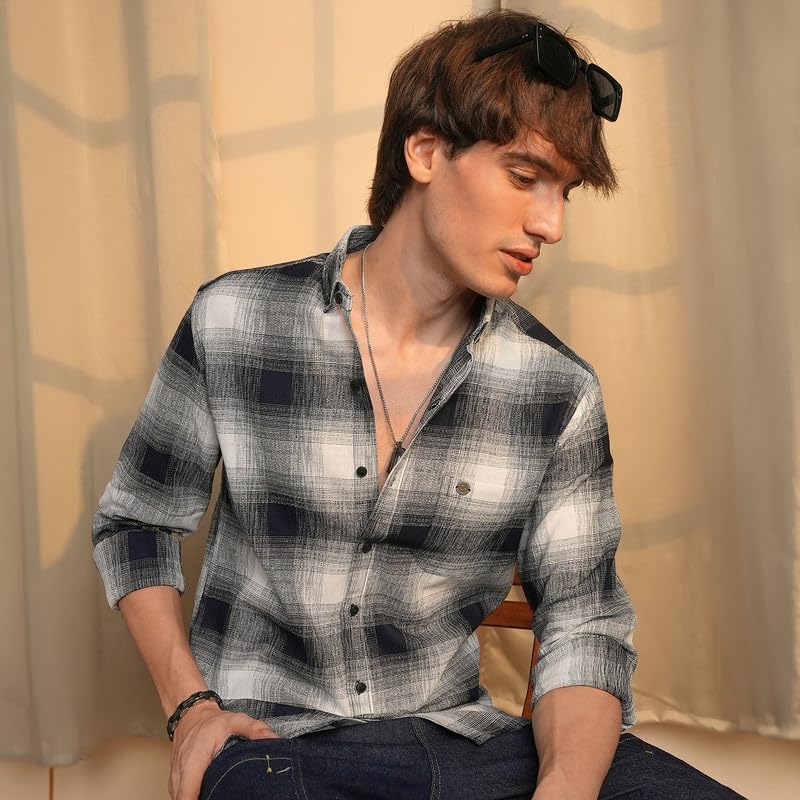 Image of CAHOOT Men's Gingham Shirt | Casual Wear | Spread Collar | Long Sleeve | Button Closure | Shirt Crafted with Comfort Fit for Everyday Wear