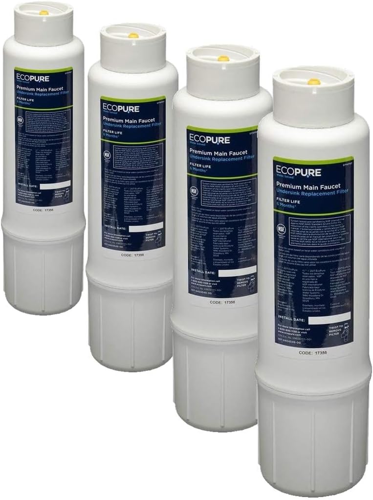 EcoPure EPWPRF Premium Main Faucet Drinking Water Replacement Filter, White, 1 Count (Pack of 4)