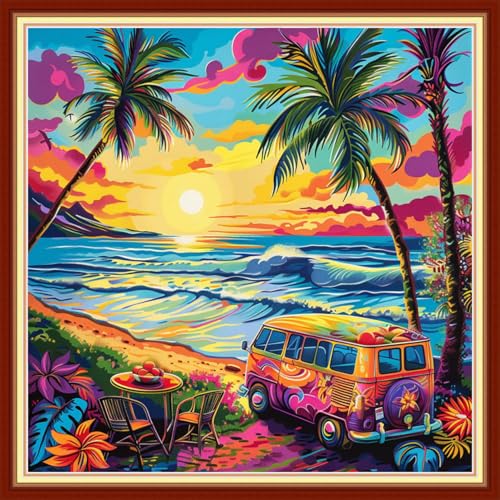 Image of Joyhoor Stamped Cross Stitch Kits for Beginners, Needlepoint Kits for Adults, 11CT Counted Embroidery Kits-Drinking Tea by Seaside 18x18 inchs