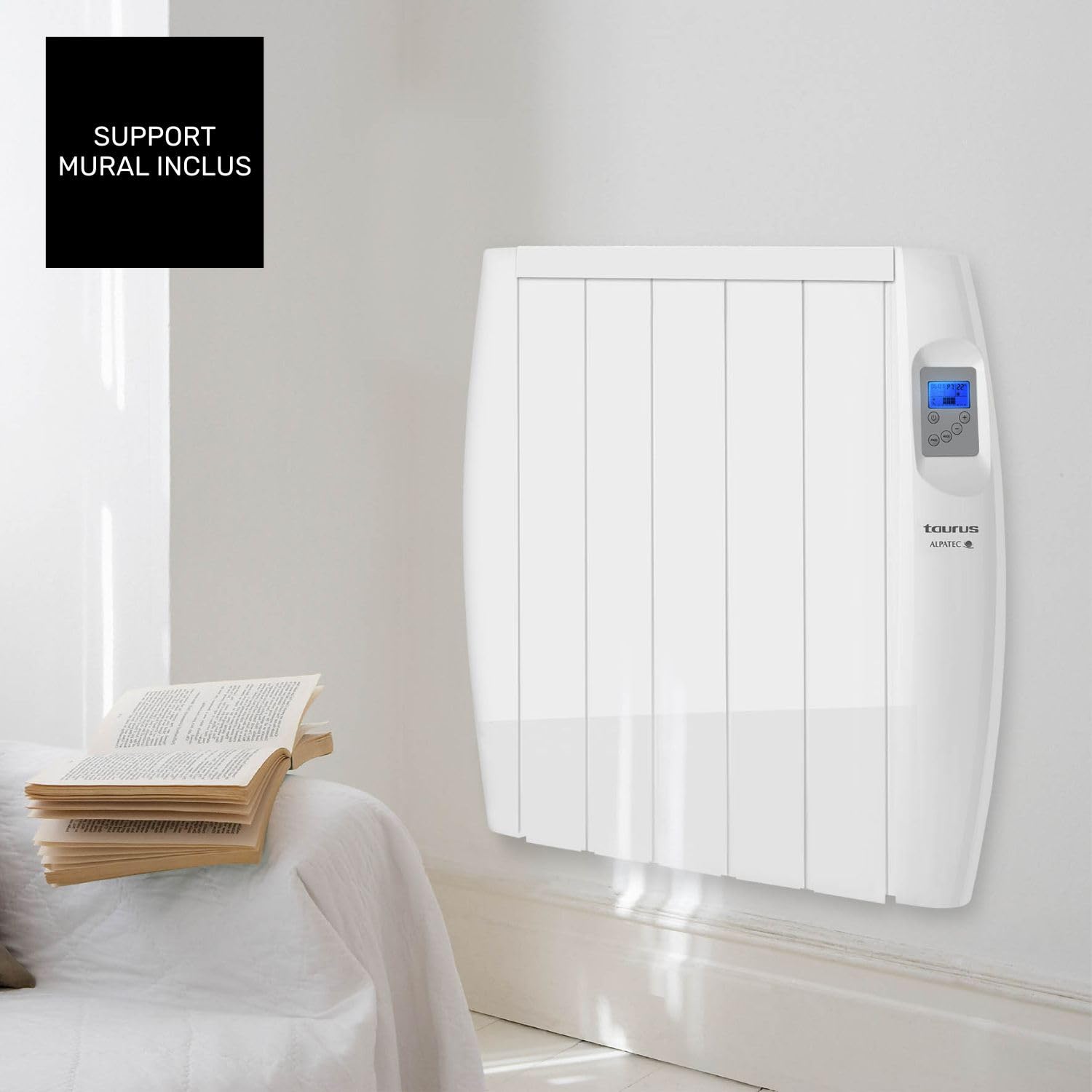TAURUS- Radiateur Électrique à Inertie Sèche Malbork 900W|Programmateur Hebdomadaire et Quotidienne, Thermostat Réglable (10-35ºc), Arrêt Automatique| Écran LCD Rétroéclairé| Installable/Transportable